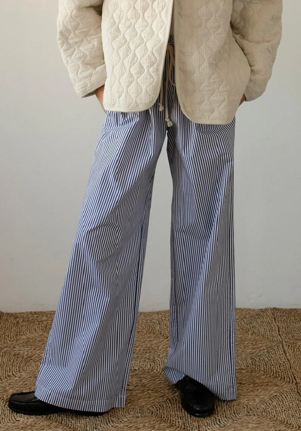 Women Drawstring Striped Pants High Waist Wide Leg Lounge Pants Casual Relaxed Fit Pajama Bottoms Y2k Streetwear