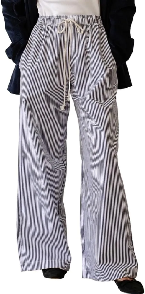 Women Drawstring Striped Pants High Waist Wide Leg Lounge Pants Casual Relaxed Fit Pajama Bottoms Y2k Streetwear