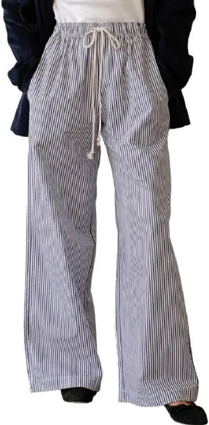 Women Drawstring Striped Pants High Waist Wide Leg Lounge Pants Casual Relaxed Fit Pajama Bottoms Y2k Streetwear