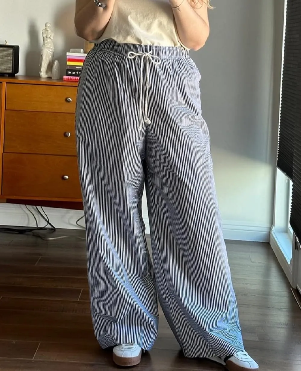 Women Drawstring Striped Pants High Waist Wide Leg Lounge Pants Casual Relaxed Fit Pajama Bottoms Y2k Streetwear