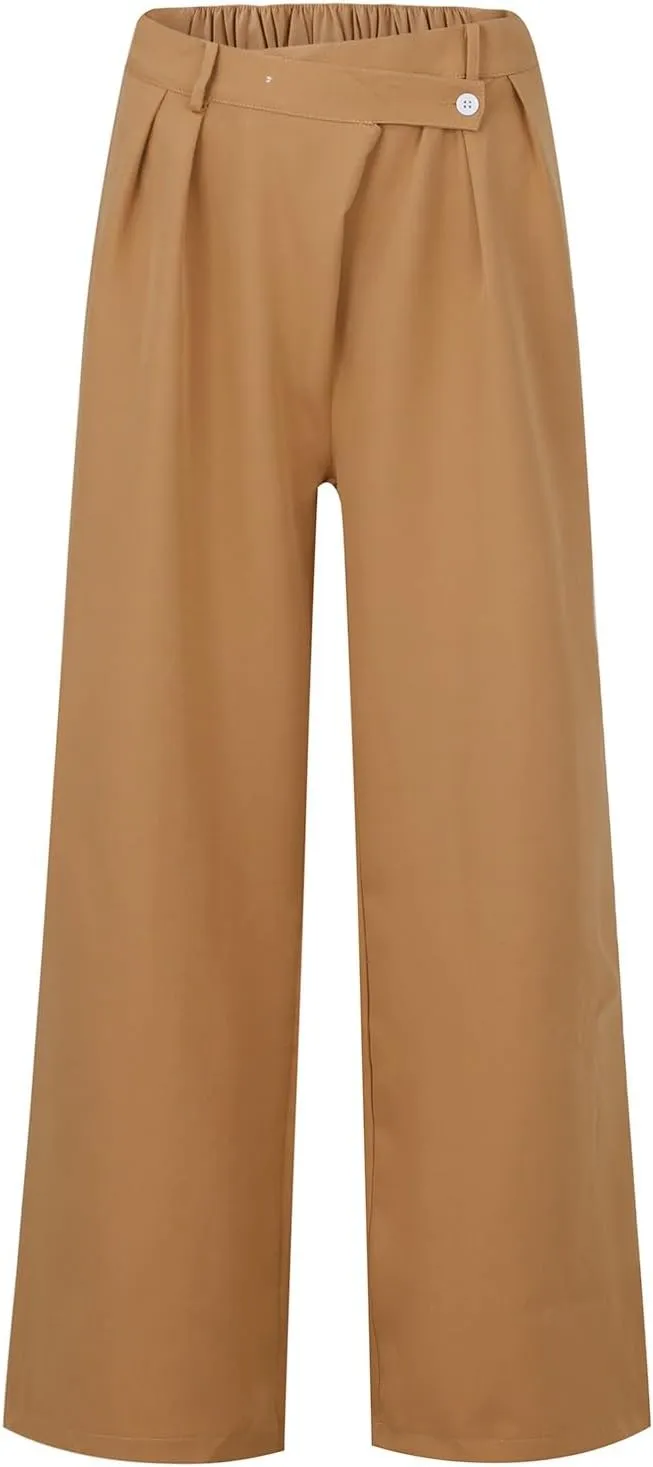 Women High Waist Casual Wide Leg Long Palazzo Pants Trousers Plus Size Irregular Belt Button Work Dress Pants