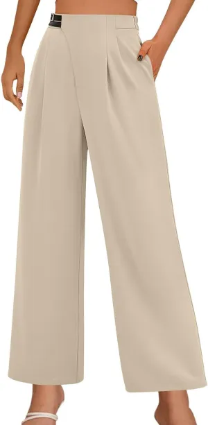 Women High Waist Casual Wide Leg Long Palazzo Pants Trousers Plus Size Irregular Belt Button Work Dress Pants