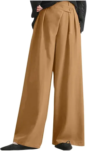 Women High Waist Casual Wide Leg Long Palazzo Pants Trousers Plus Size Irregular Belt Button Work Dress Pants