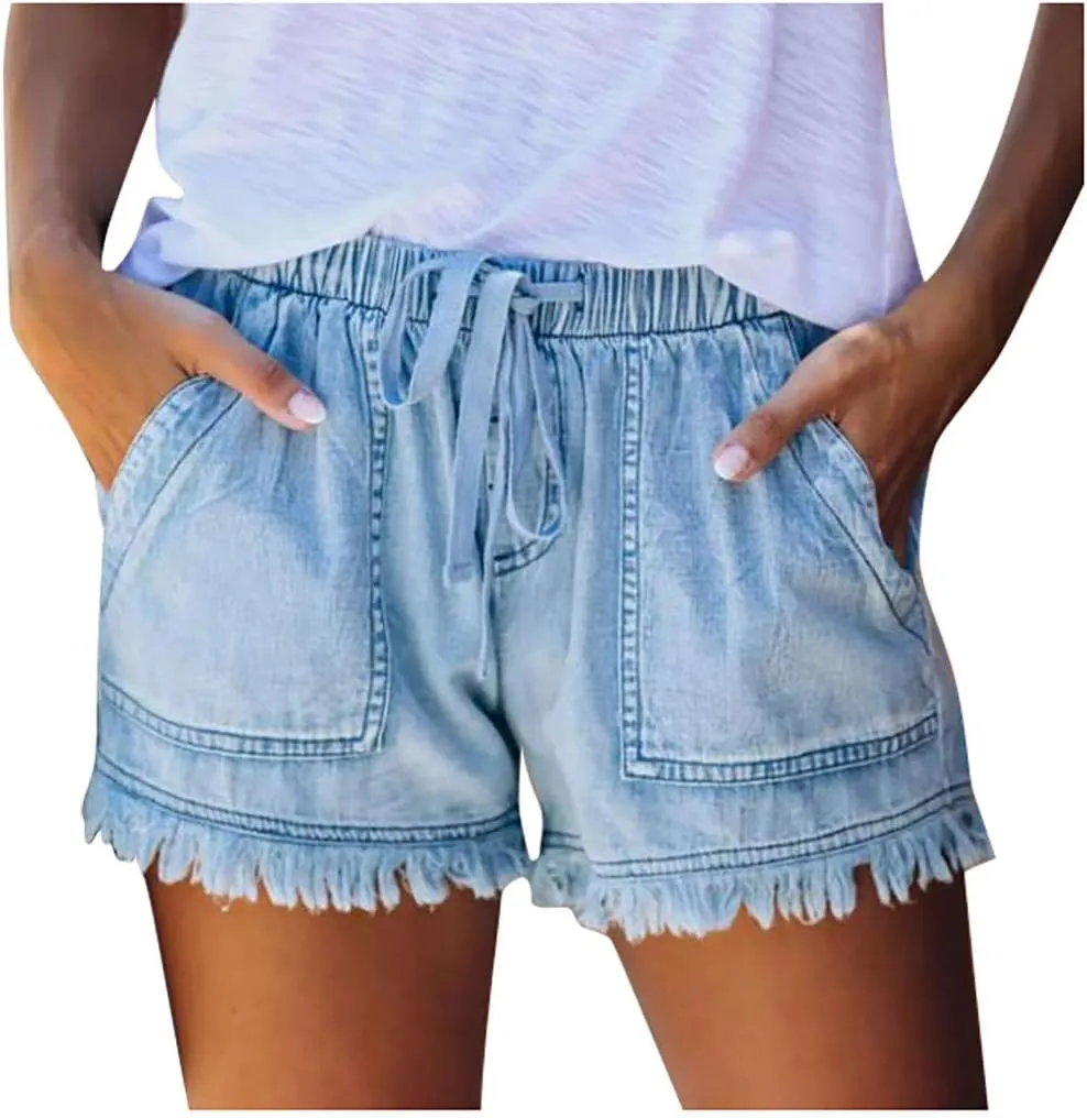 Women Jean Shorts Button Drawstring High Waisted Trendy Vintage Frayed Raw Hem Distressed Denim Short with Pockets