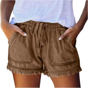Women Jean Shorts Button Drawstring High Waisted Trendy Vintage Frayed Raw Hem Distressed Denim Short with Pockets