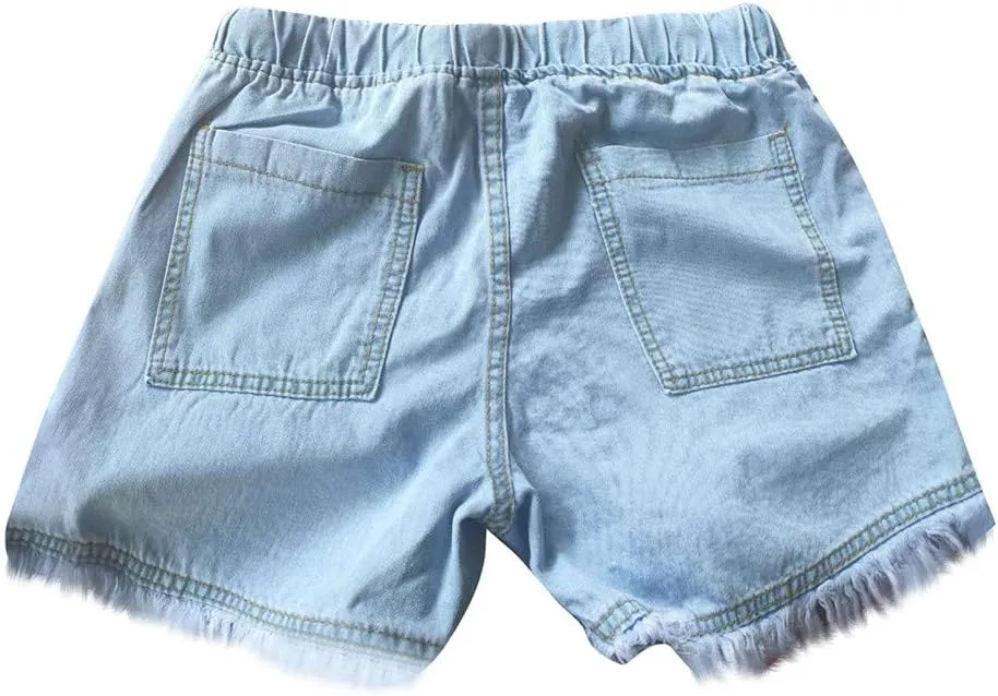 Women Jean Shorts Button Drawstring High Waisted Trendy Vintage Frayed Raw Hem Distressed Denim Short with Pockets