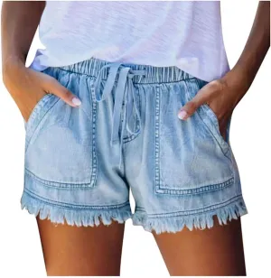 Women Jean Shorts Button Drawstring High Waisted Trendy Vintage Frayed Raw Hem Distressed Denim Short with Pockets