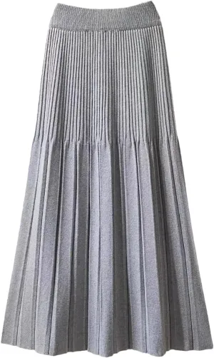 Women Knitted Midi Long Skirt Autumn Winter Thick Warm A Line High Waist Mid-Length Pleated Skirt