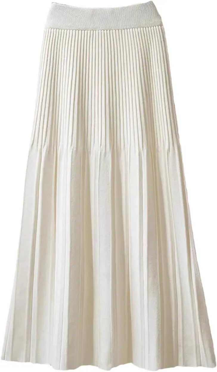 Women Knitted Midi Long Skirt Autumn Winter Thick Warm A Line High Waist Mid-Length Pleated Skirt