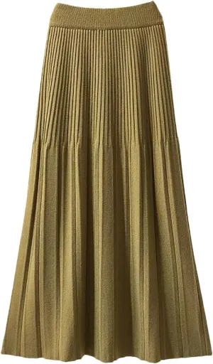 Women Knitted Midi Long Skirt Autumn Winter Thick Warm A Line High Waist Mid-Length Pleated Skirt
