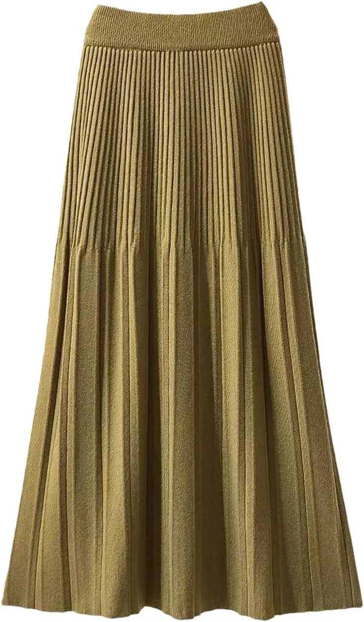 Women Knitted Midi Long Skirt Autumn Winter Thick Warm A Line High Waist Mid-Length Pleated Skirt