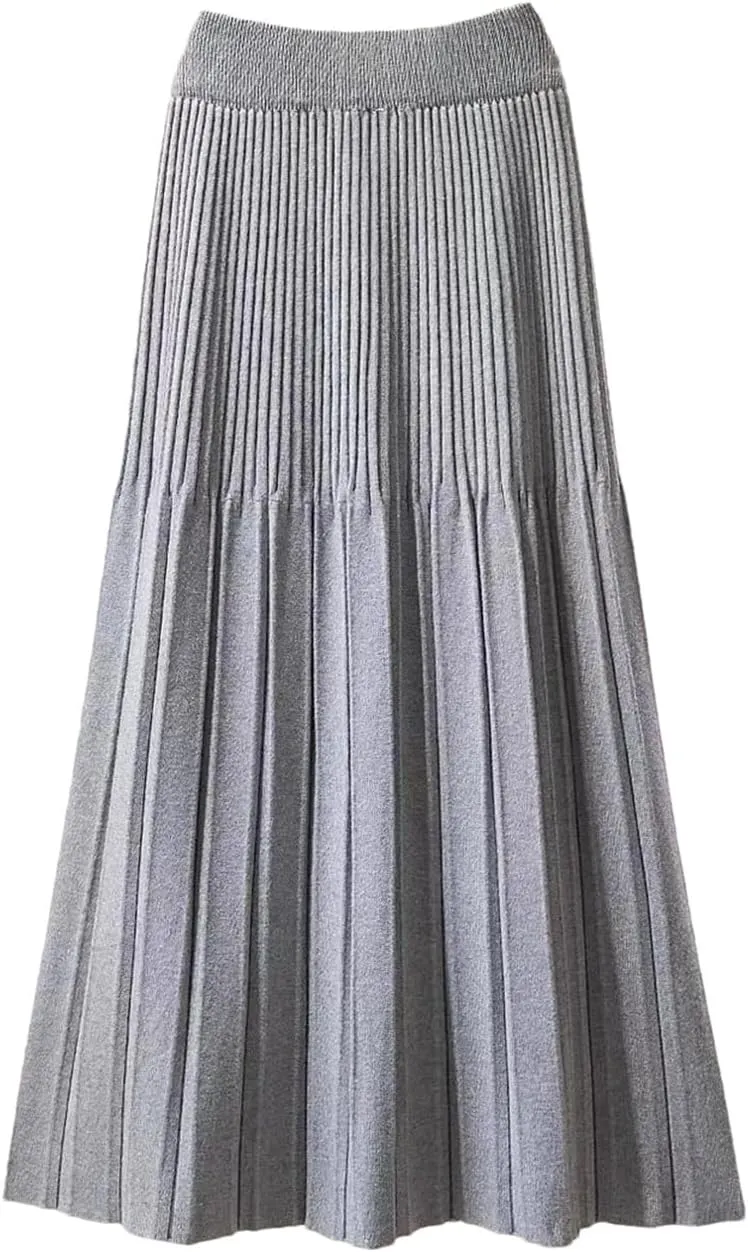 Women Knitted Midi Long Skirt Autumn Winter Thick Warm A Line High Waist Mid-Length Pleated Skirt