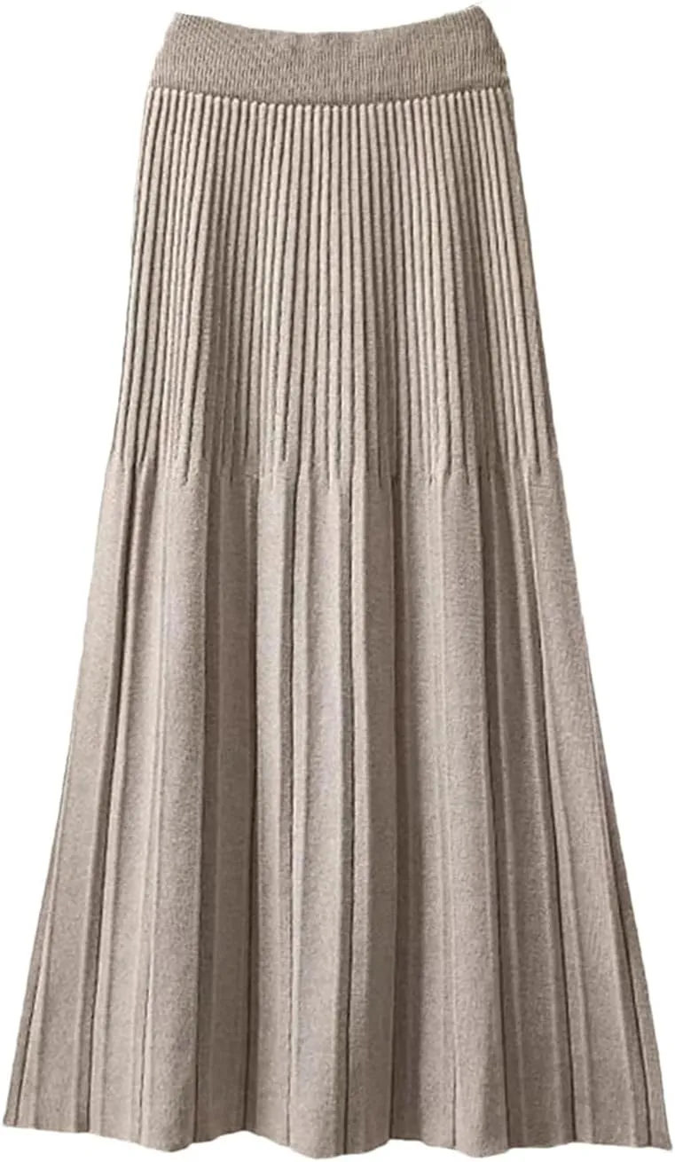 Women Knitted Midi Long Skirt Autumn Winter Thick Warm A Line High Waist Mid-Length Pleated Skirt