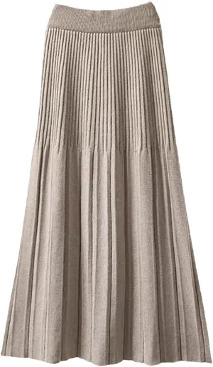 Women Knitted Midi Long Skirt Autumn Winter Thick Warm A Line High Waist Mid-Length Pleated Skirt