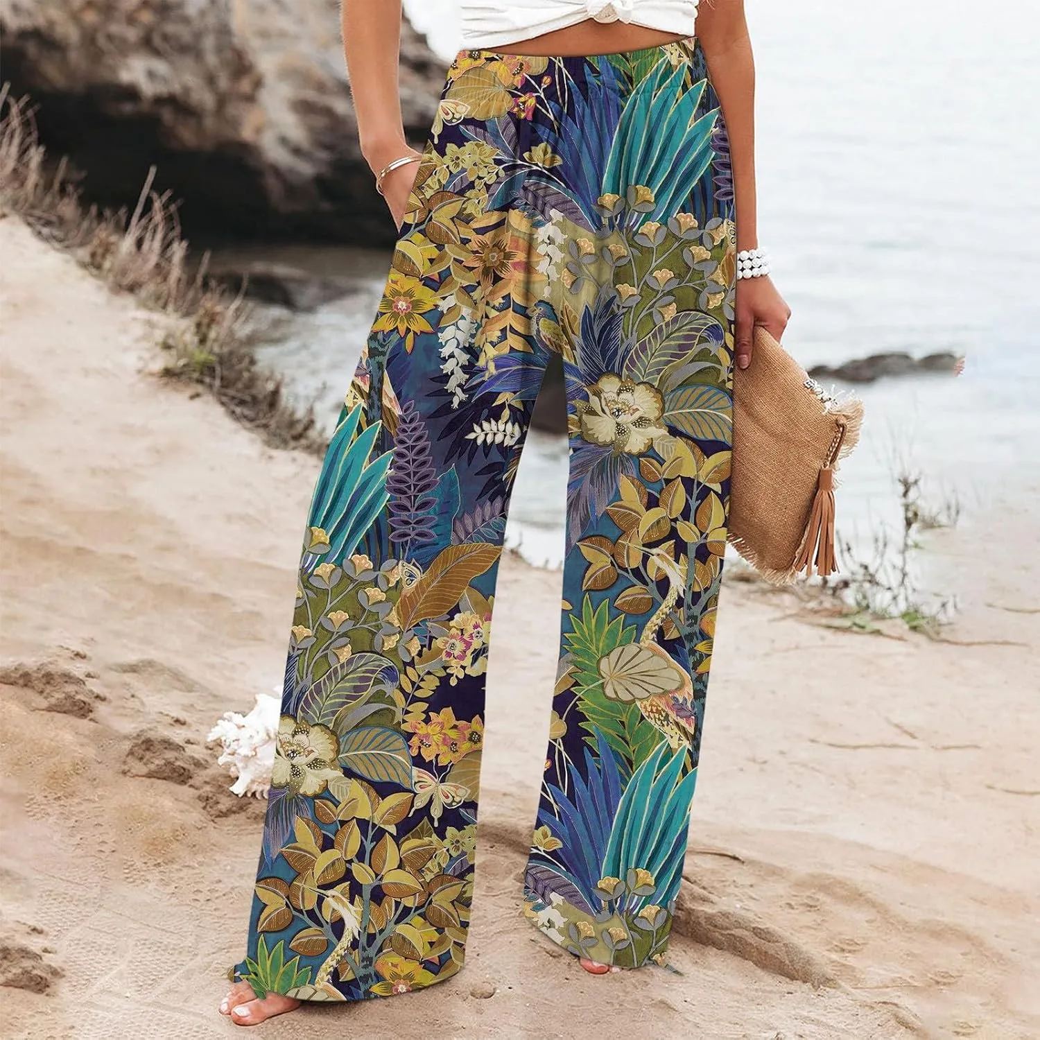 Women Linen Palazzo Pants High Waist Summer Casual Retro Printed Wide Leg Pants Flowy Drawstring Yoga Beach Trousers