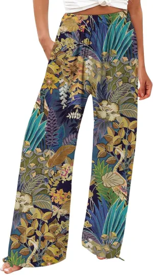 Women Linen Palazzo Pants High Waist Summer Casual Retro Printed Wide Leg Pants Flowy Drawstring Yoga Beach Trousers