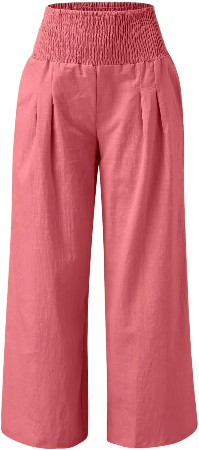 Women Linen Pants 2025 Summer Casual Loose Wide Leg Palazzo Pants Smocked High Waist Flowy Beach Trousers