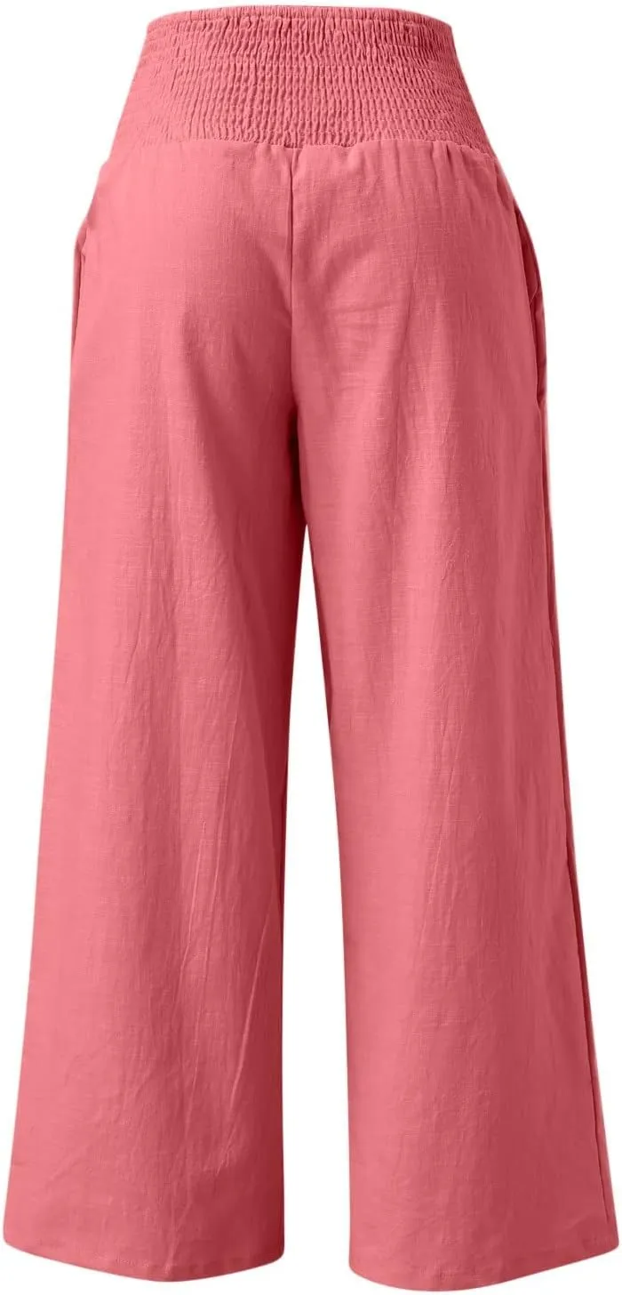 Women Linen Pants 2025 Summer Casual Loose Wide Leg Palazzo Pants Smocked High Waist Flowy Beach Trousers