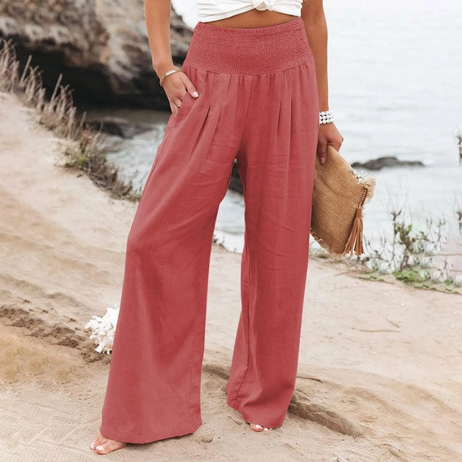 Women Linen Pants 2025 Summer Casual Loose Wide Leg Palazzo Pants Smocked High Waist Flowy Beach Trousers