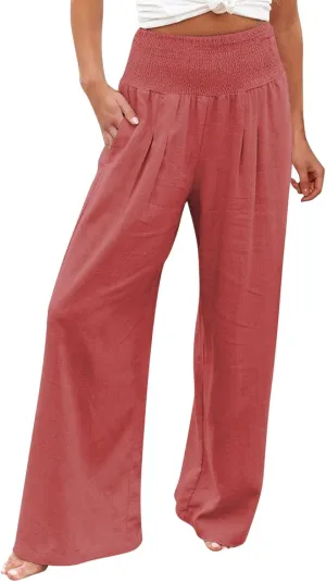 Women Linen Pants 2025 Summer Casual Loose Wide Leg Palazzo Pants Smocked High Waist Flowy Beach Trousers