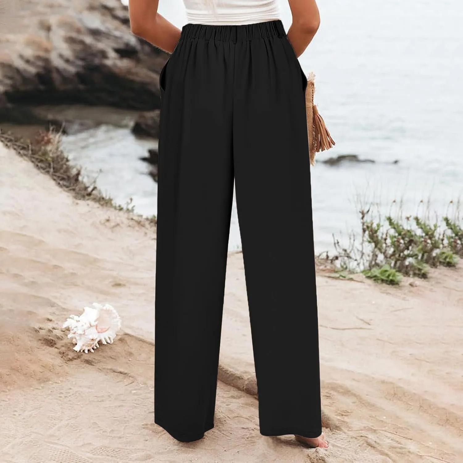 Women Linen Summer Floral Palazzo Pants Elastic Waisted Baggy Stretchy Loose Fit Palazzo Pants Work Business