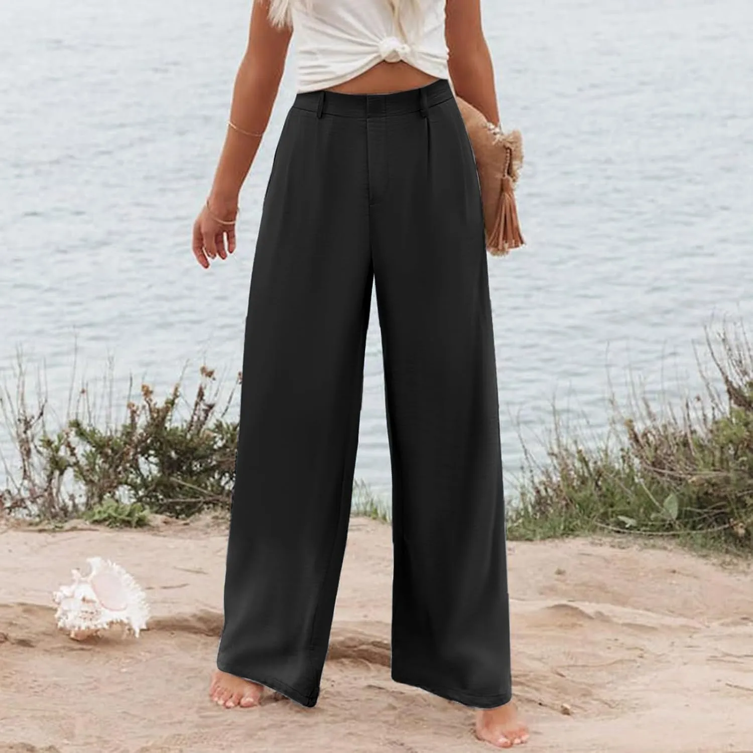 Women Linen Summer Floral Palazzo Pants Elastic Waisted Baggy Stretchy Loose Fit Palazzo Pants Work Business