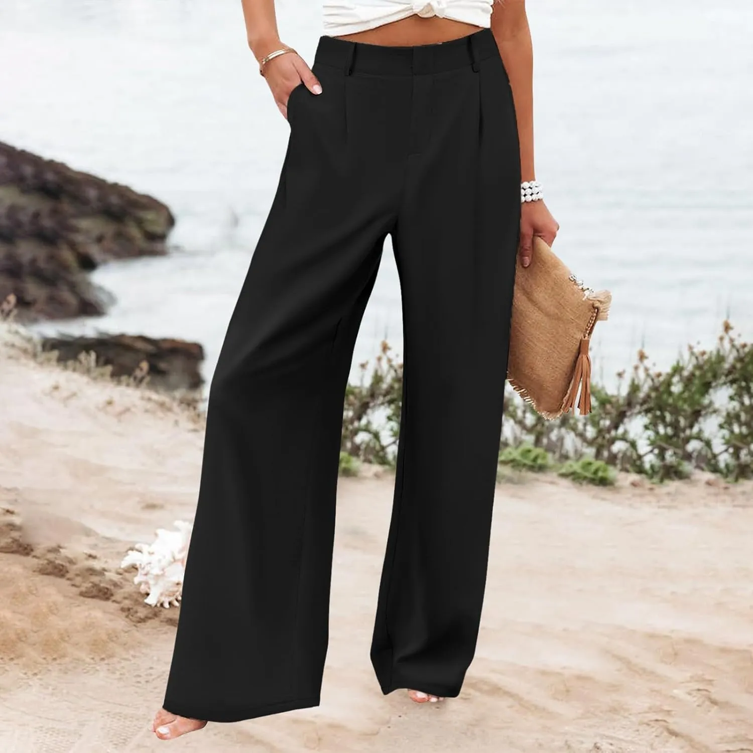 Women Linen Summer Floral Palazzo Pants Elastic Waisted Baggy Stretchy Loose Fit Palazzo Pants Work Business