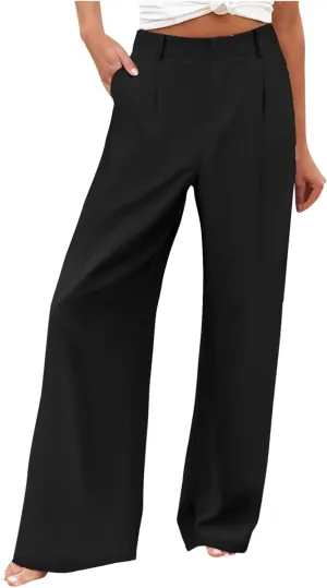 Women Linen Summer Floral Palazzo Pants Elastic Waisted Baggy Stretchy Loose Fit Palazzo Pants Work Business