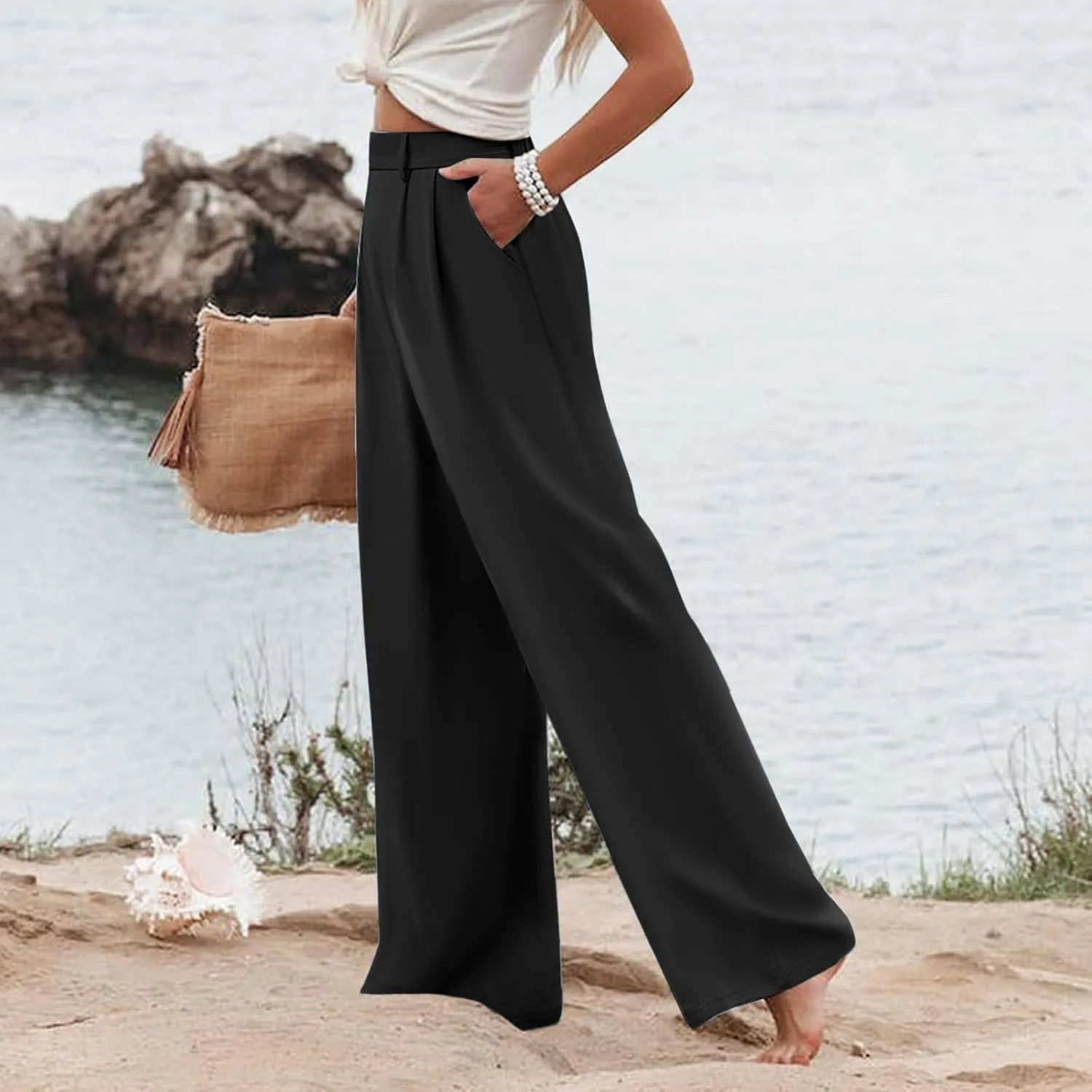 Women Linen Summer Floral Palazzo Pants Elastic Waisted Baggy Stretchy Loose Fit Palazzo Pants Work Business
