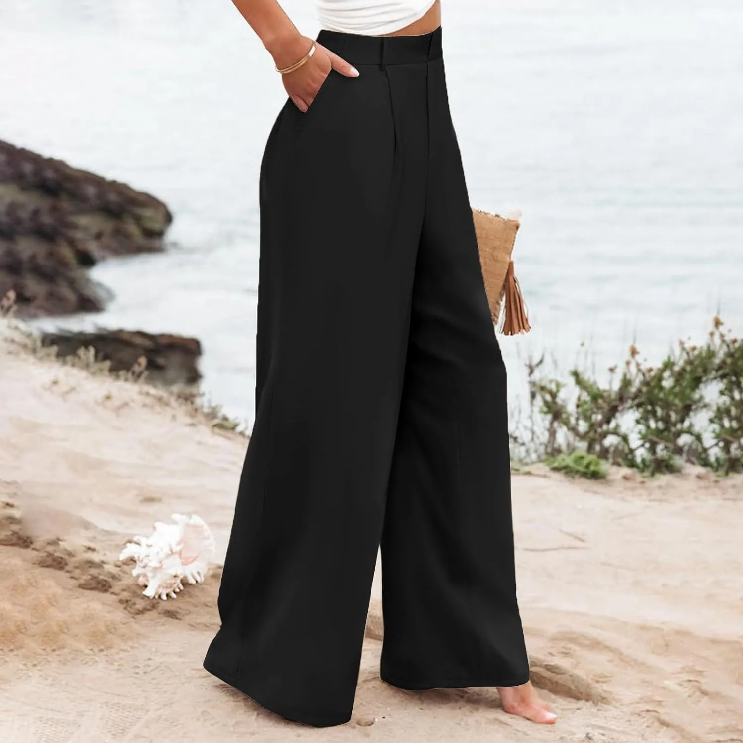 Women Linen Summer Floral Palazzo Pants Elastic Waisted Baggy Stretchy Loose Fit Palazzo Pants Work Business