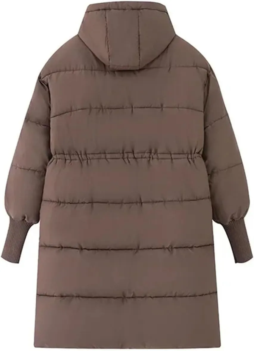 Women Long Loose Button Parka Coat Casual Vintage Warm Hooded Cotton-Padded Jacket