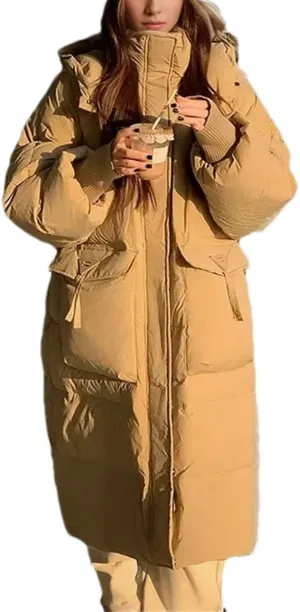 Women Long Loose Button Parka Coat Casual Vintage Warm Hooded Cotton-Padded Jacket