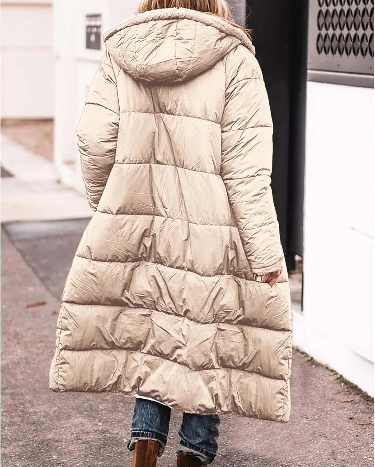 Women Long Winter Jacket Oversize Thicken Warm Stylish Hoodie Down Coat Sherpa Fleece Lined Reversible Puffer Jacket