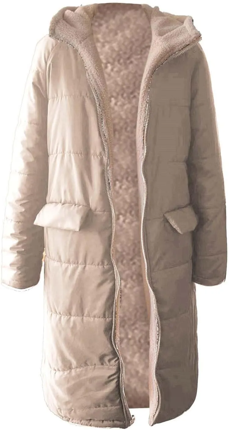 Women Long Winter Jacket Oversize Thicken Warm Stylish Hoodie Down Coat Sherpa Fleece Lined Reversible Puffer Jacket