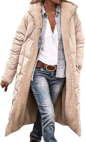 Women Long Winter Jacket Oversize Thicken Warm Stylish Hoodie Down Coat Sherpa Fleece Lined Reversible Puffer Jacket