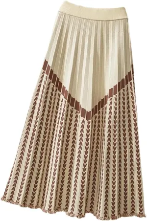 Women Midi Long Knitted Skirt Autumn Winter Thick Warm Geometric Print A Line High Waist Pleated Skirt