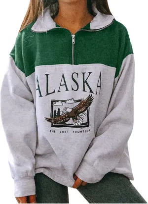 Women Novelty ALASKA Letter Print Sweatshirt Vintage Zipper Long Sleeve Loose Lapel Hoodie Pullover