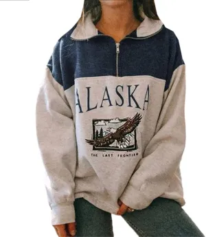 Women Novelty ALASKA Letter Print Sweatshirt Vintage Zipper Long Sleeve Loose Lapel Hoodie Pullover