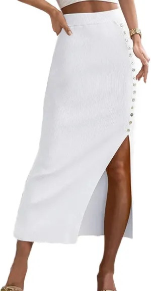 Women Sexy Split Ribbed Knit Long Skirts High Waisted Button Side Slit Solid Bodycon Pencil Maxi Skirt