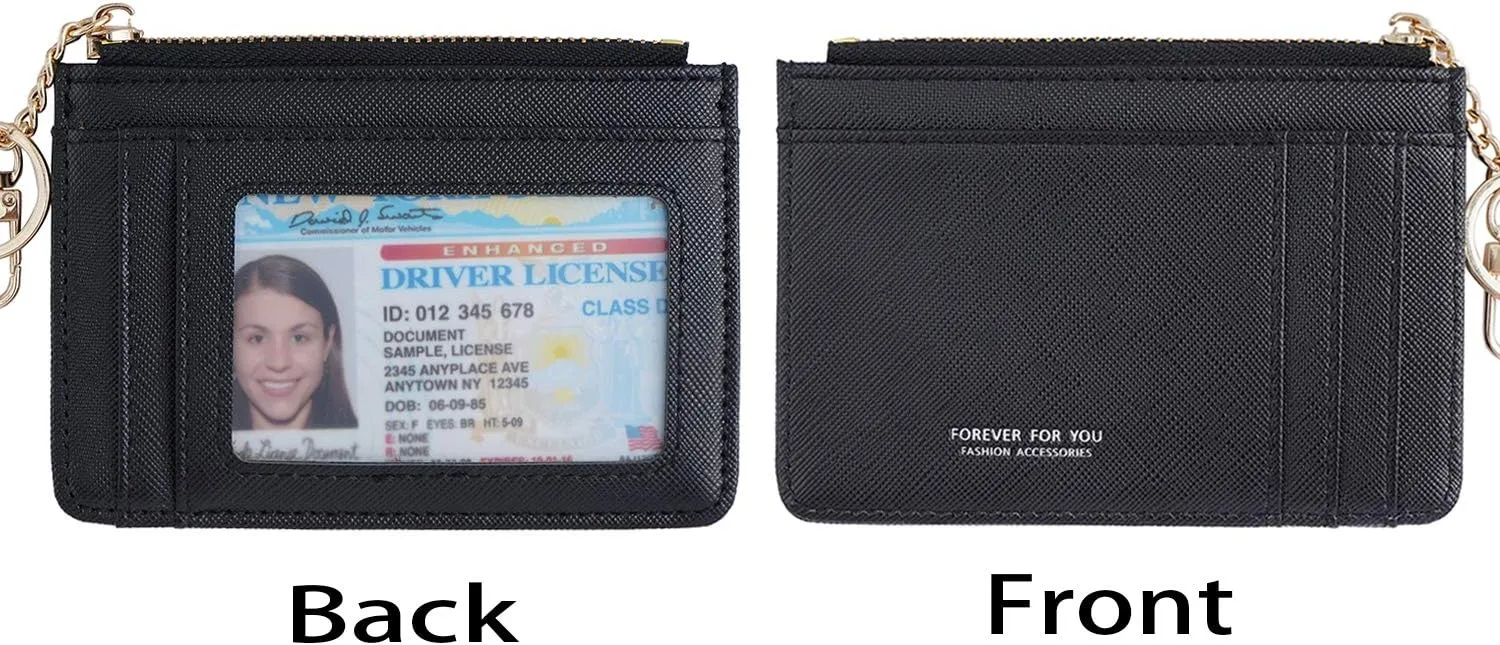 Women Slim Leather Minimalist Front Pocket Wallet Card Case Holder with ID Window & Keychain (B Black)
