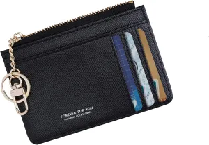 Women Slim Leather Minimalist Front Pocket Wallet Card Case Holder with ID Window & Keychain (B Black)