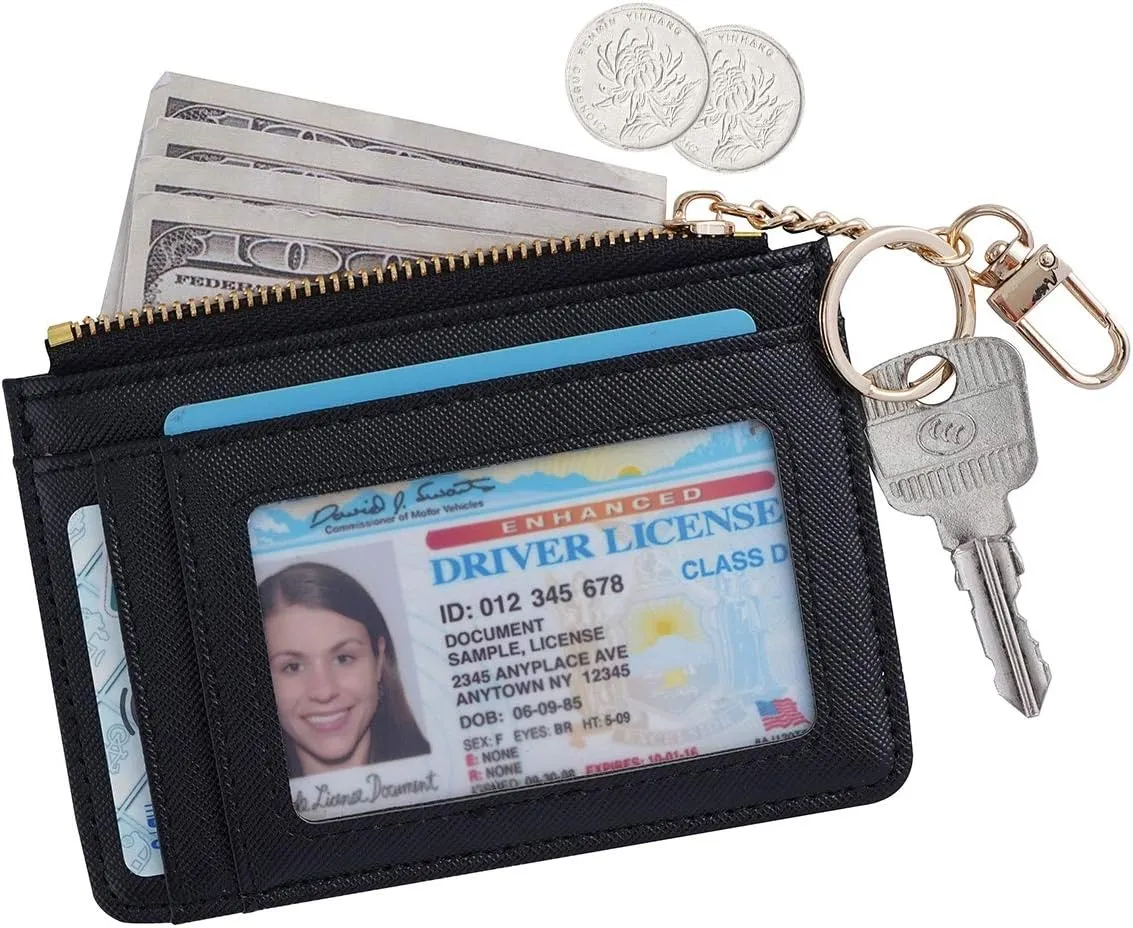 Women Slim Leather Minimalist Front Pocket Wallet Card Case Holder with ID Window & Keychain (B Black)