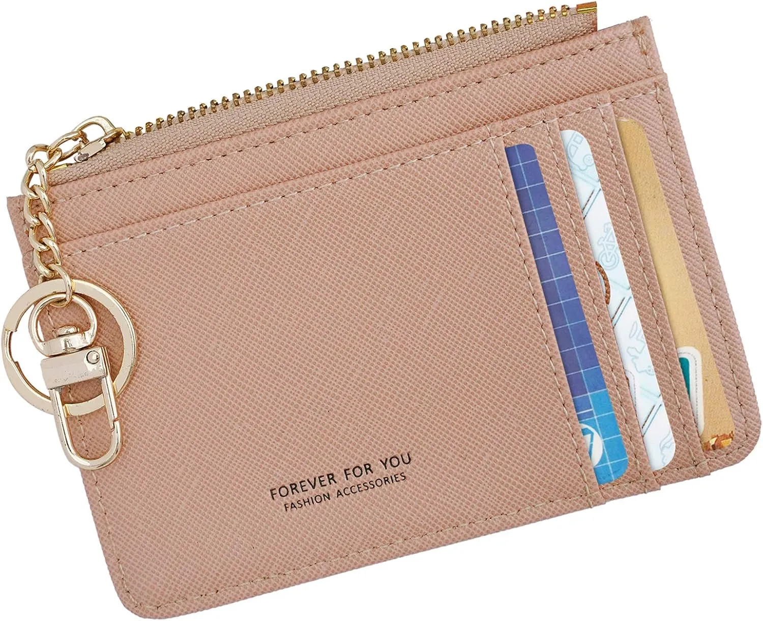 Women Slim Leather Minimalist Front Pocket Wallet Card Case Holder with ID Window & Keychain (Light Pink)