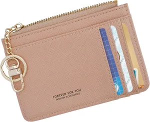 Women Slim Leather Minimalist Front Pocket Wallet Card Case Holder with ID Window & Keychain (Light Pink)
