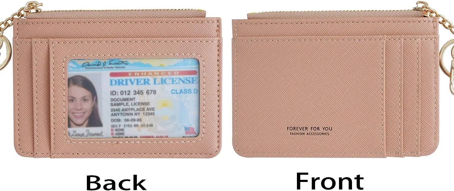 Women Slim Leather Minimalist Front Pocket Wallet Card Case Holder with ID Window & Keychain (Light Pink)