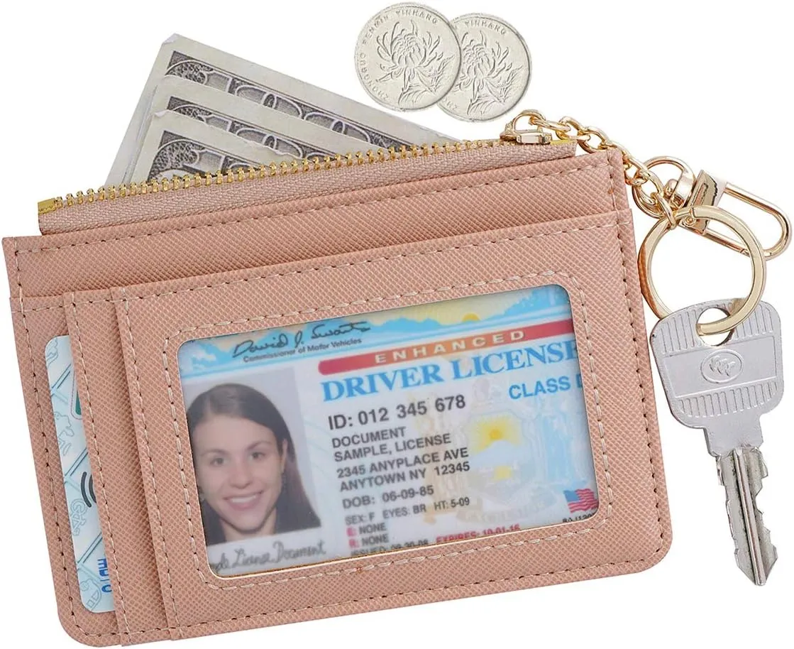Women Slim Leather Minimalist Front Pocket Wallet Card Case Holder with ID Window & Keychain (Light Pink)