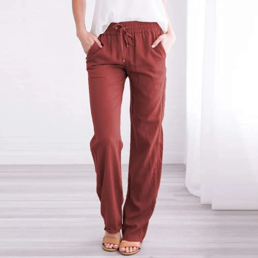 Women Solid Cotton Linen Straight Leg High Waist Long Pants - Elastic Drawstring Waist, Lightweight & Comfy Casual Trousers