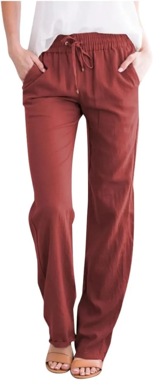 Women Solid Cotton Linen Straight Leg High Waist Long Pants - Elastic Drawstring Waist, Lightweight & Comfy Casual Trousers
