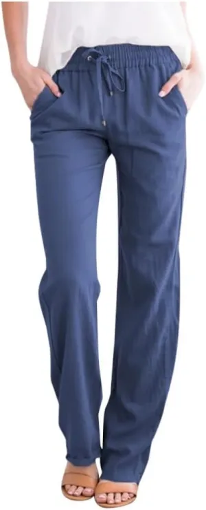 Women Solid Cotton Linen Straight Leg High Waist Long Pants - Elastic Drawstring Waist, Lightweight & Comfy Casual Trousers