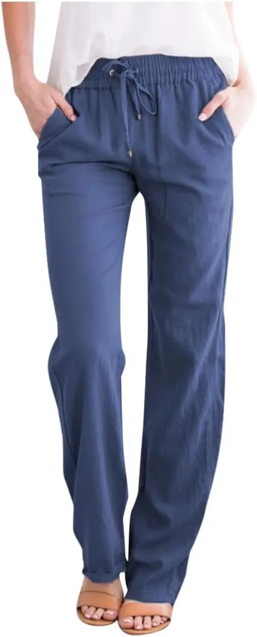 Women Solid Cotton Linen Straight Leg High Waist Long Pants - Elastic Drawstring Waist, Lightweight & Comfy Casual Trousers